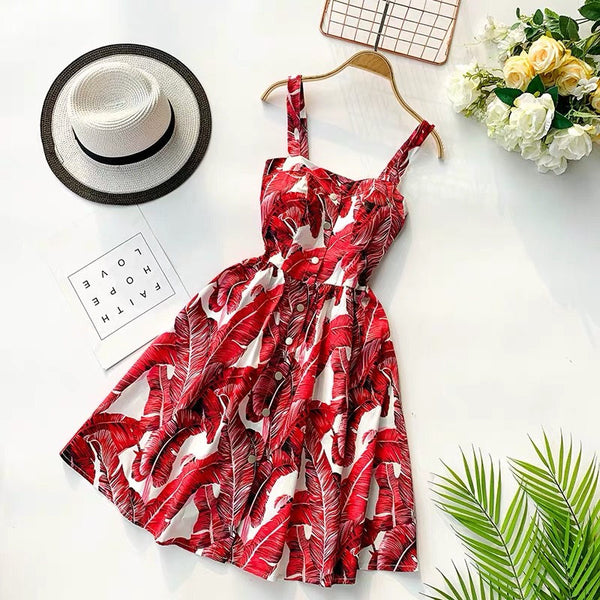 Spaghetti Strap Floral Print Sleeveless Empire Dresses