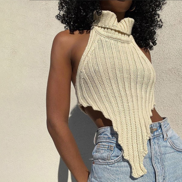Knitted Cut Out Cascading Turtleneck Sleeveless Top