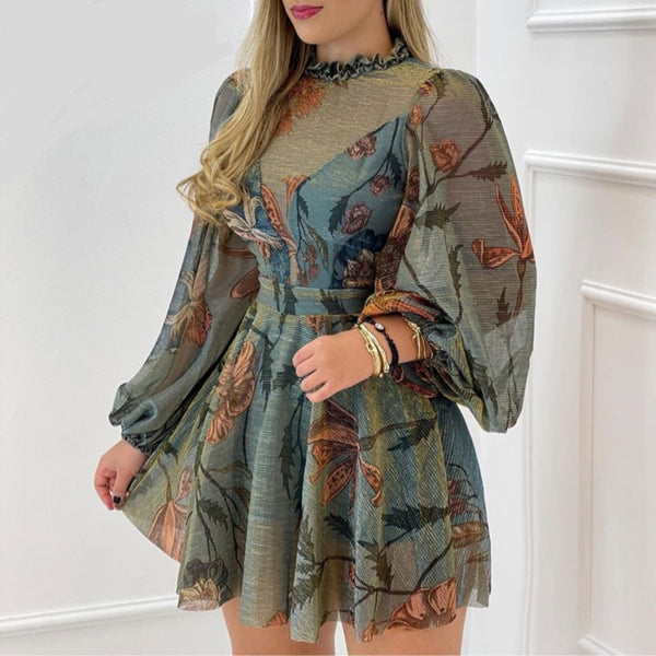 Frill HemNeck Mesh Puff Sleeve Mini Party Dress