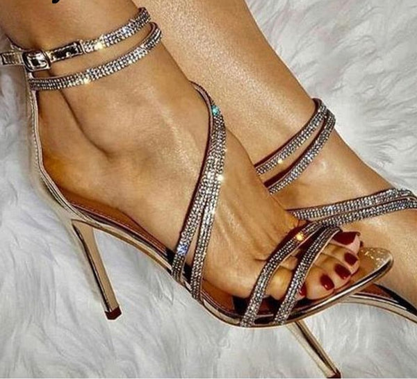 Strappy Rhinestone Open Toe Stiletto Heels